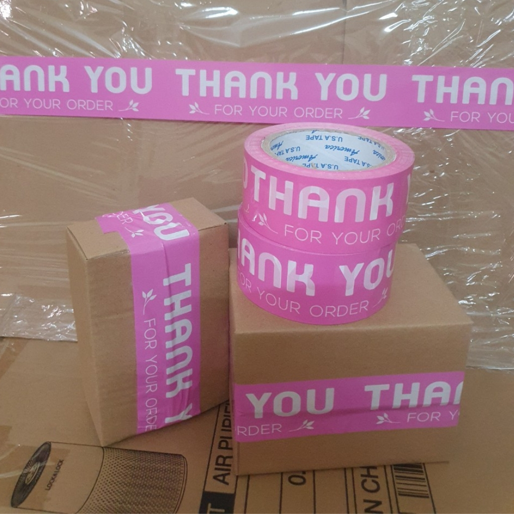 Băng keo cảm ơn khách hàng màu hồng dễ thương in chữ THANK YOU đóng gói hàng hóa đẹp mắt ấn tượng
