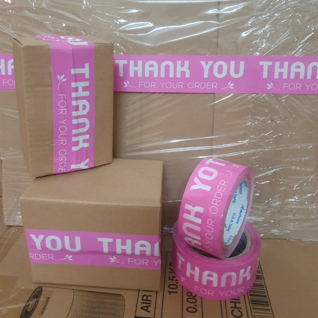 Băng keo cảm ơn khách hàng màu hồng dễ thương in chữ THANK YOU đóng gói hàng hóa đẹp mắt ấn tượng