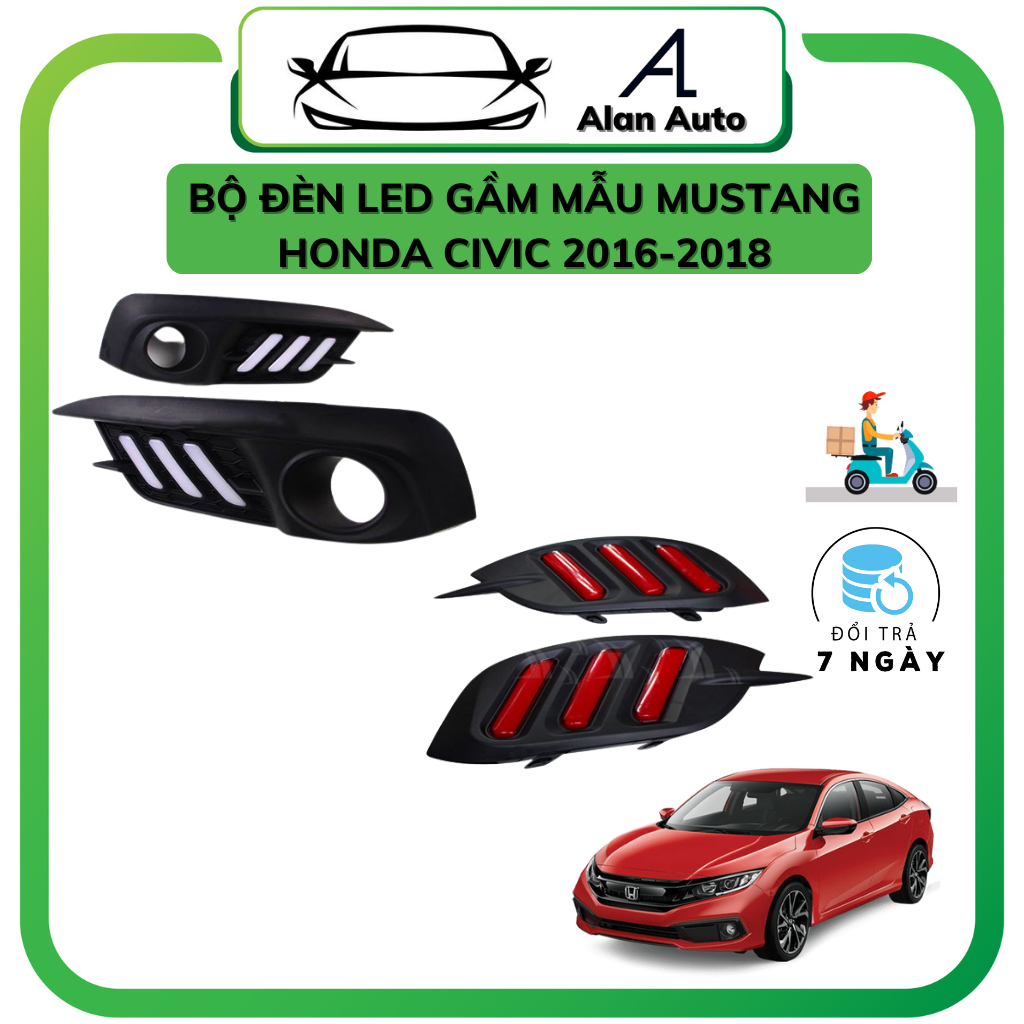Đèn led gầm ô tô Honda Civic 2016-2018, Mẫu 3 vạch Mustang led đuổi, Đèn led gầm daylight cao cấp