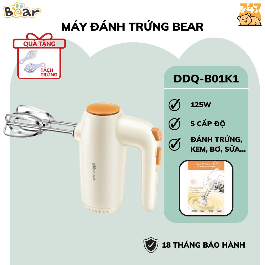 Máy đánh trứng cầm tay mini Bear  DDQ-B01K1 máy đánh kem trứng trộn bột đa năng màu trắng sang trọng, bảo hành 18 tháng