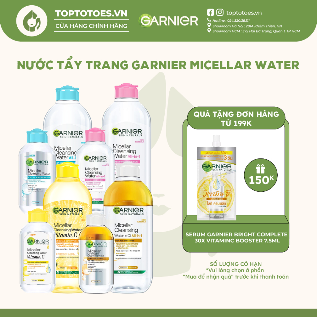 Nước tẩy trang Garnier Micellar Water tẩy sạch êm dịu cho mặt-mắt-môi 400ml