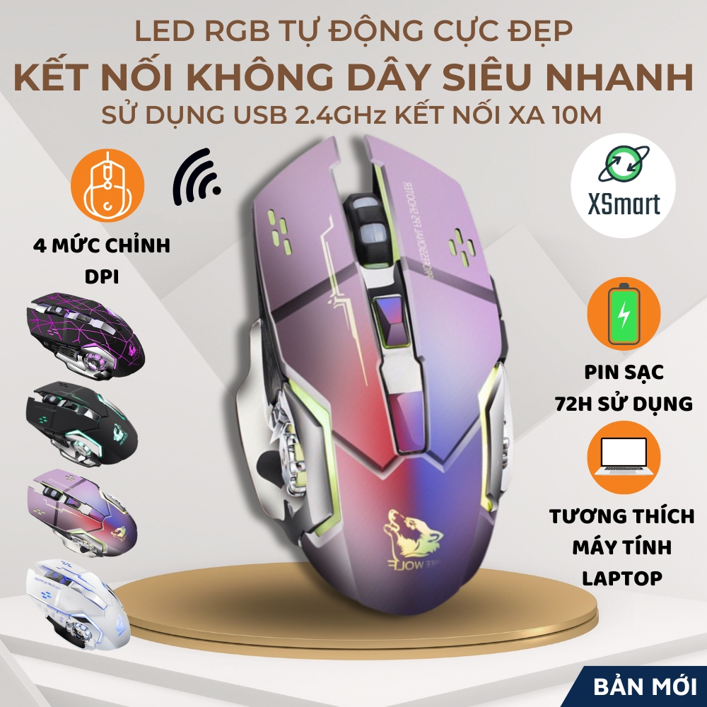 Chuột Không Dây Gaming Wolf X8 LED 7 Màu RGB, Pin Có Thể Sạc Dùng Cực Lâu, Chuột Chơi Game Không Dây