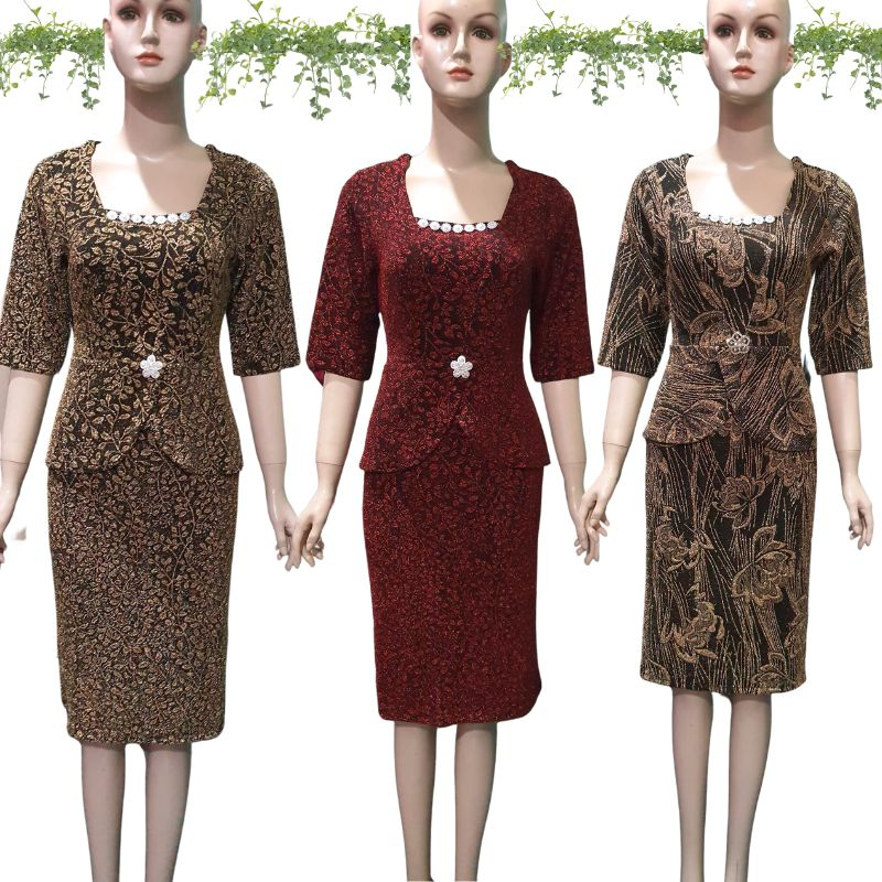 Đầm Ôm Trung Niên Đi Tiệc Phối Tay Lỡ, chất Thun Kim Tuyến Cao Cấp - Màu đỏ đô, vàng ánh kim Free size dưới 65kg
