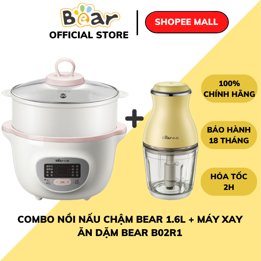 COMBO Nồi ninh, hầm, nấu cháo chậm cho bé 1.6L SUBE002 + Máy xay thực phẩm Mini Đa Năng màu vàng Bear B02R1, BH 18 thán