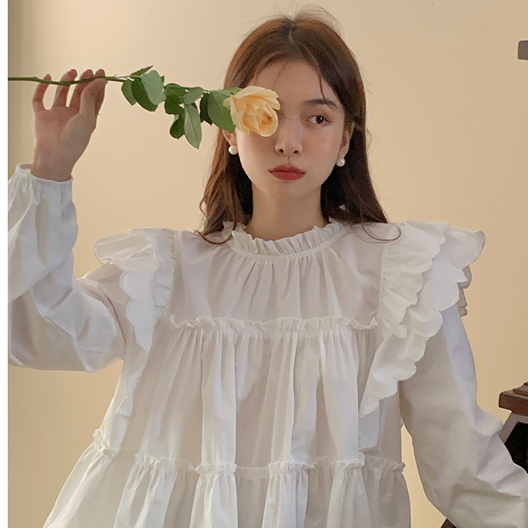 Sơ mi trắng nữ tay dài vai cánh tiên bánh bèo sơmi nữ babydoll dáng rộng hàn quốc 9061