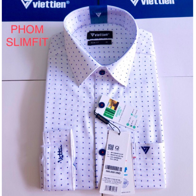 áo việt tiến chấm xanh nền trắng tay dài phom slimfit mã 1006