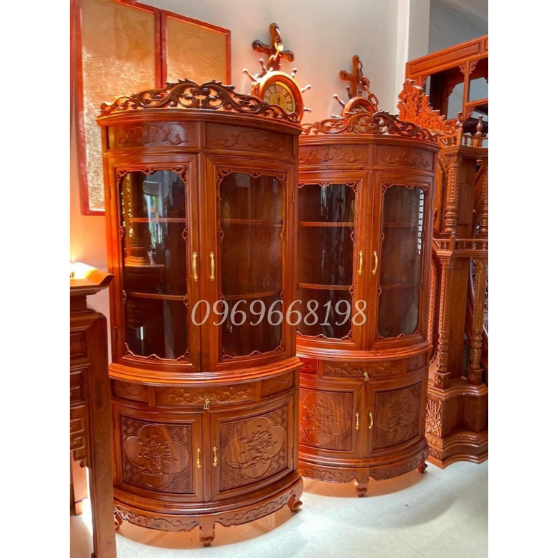 Tủ Rượu Góc Tròn 70 Gỗ Hương Đá Lắp Kính Cong