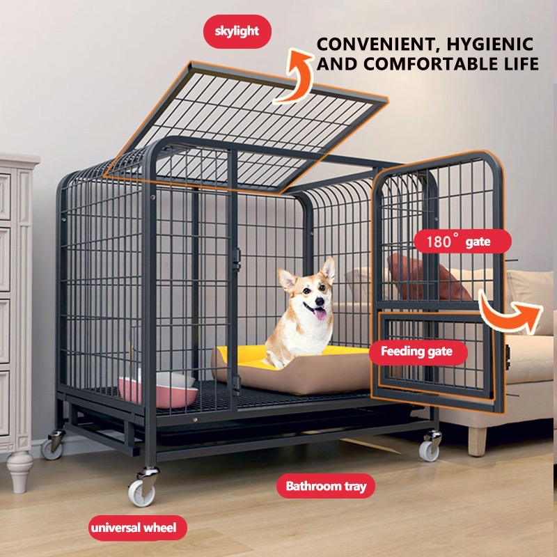 Chó lồng kim loại màu đen đậm 110 * 72 * 95CM với khay giếng trời 4 bánh Pet Bank Villa Hàng rào không gian miễn phí lớn