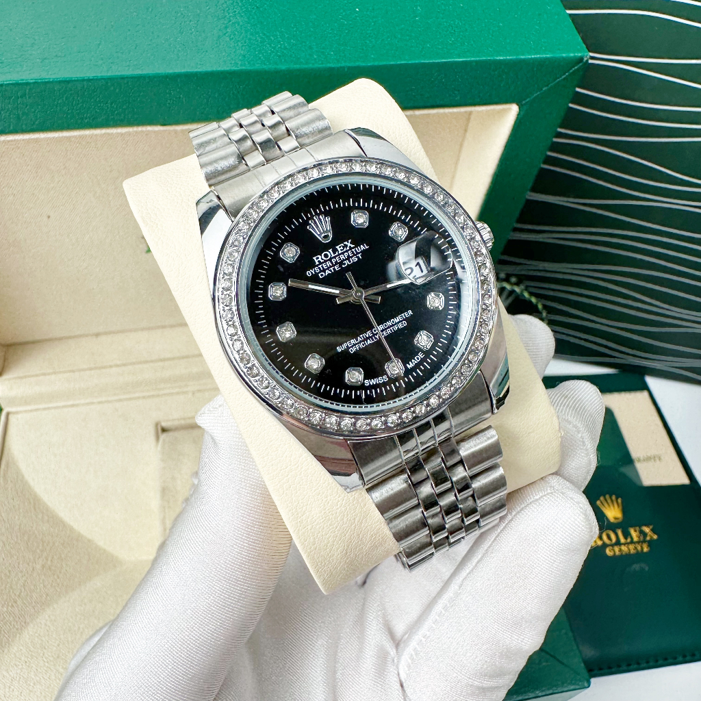 Đồng hồ nam Rolex nam viền đính đá dây thép vỏ thép mạ điện chống gỉ sét, size mặt 38mm bảo hành 12 tháng