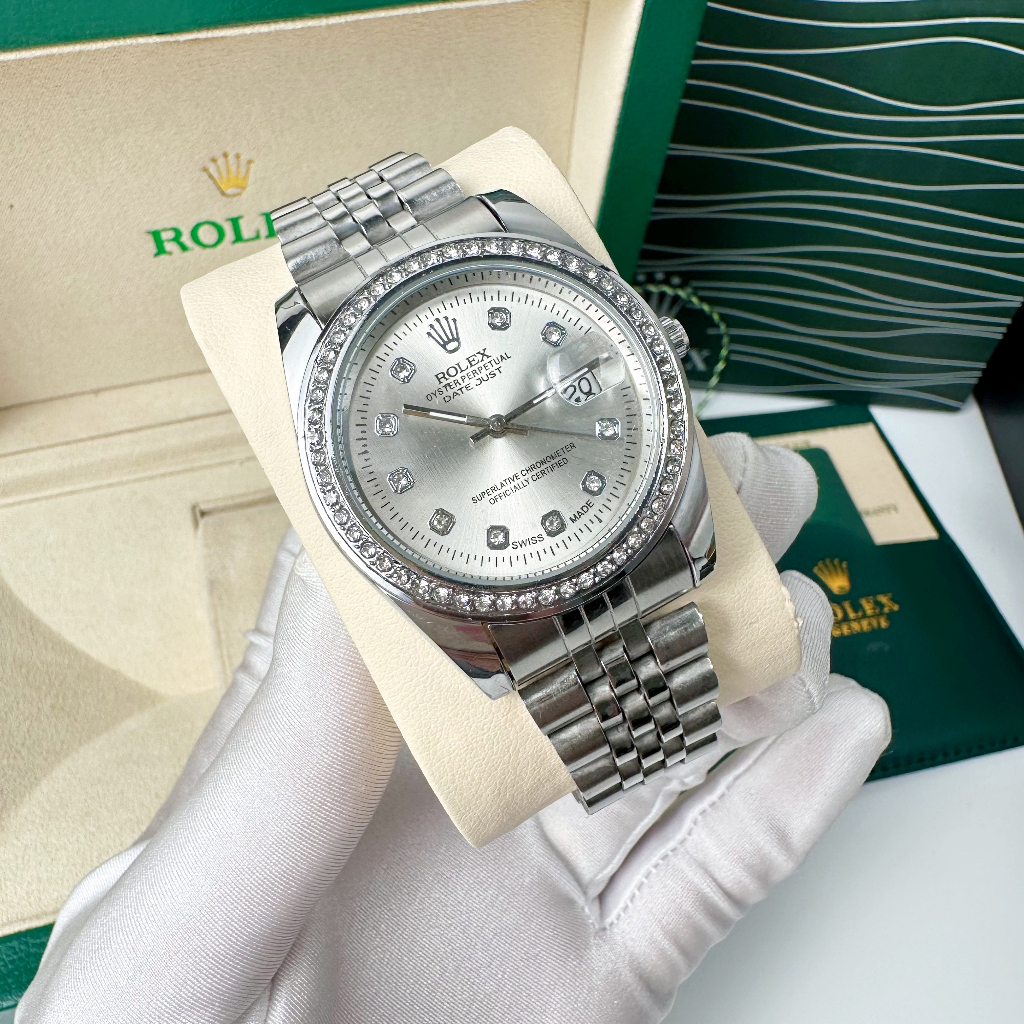 Đồng hồ nam Rolex nam viền đính đá dây thép vỏ thép mạ điện chống gỉ sét, size mặt 38mm bảo hành 12 tháng | BigBuy360 - bigbuy360.vn