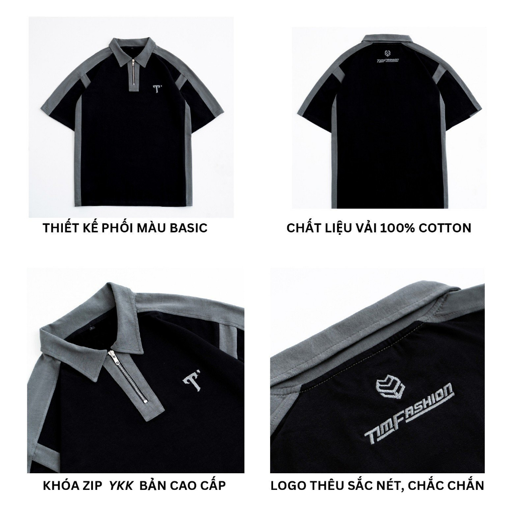 Áo Thun Polo Zip Unisex TIM FASHION - Áo Thun Có Cổ, Tay Lỡ, Form Rộng Nam Nữ