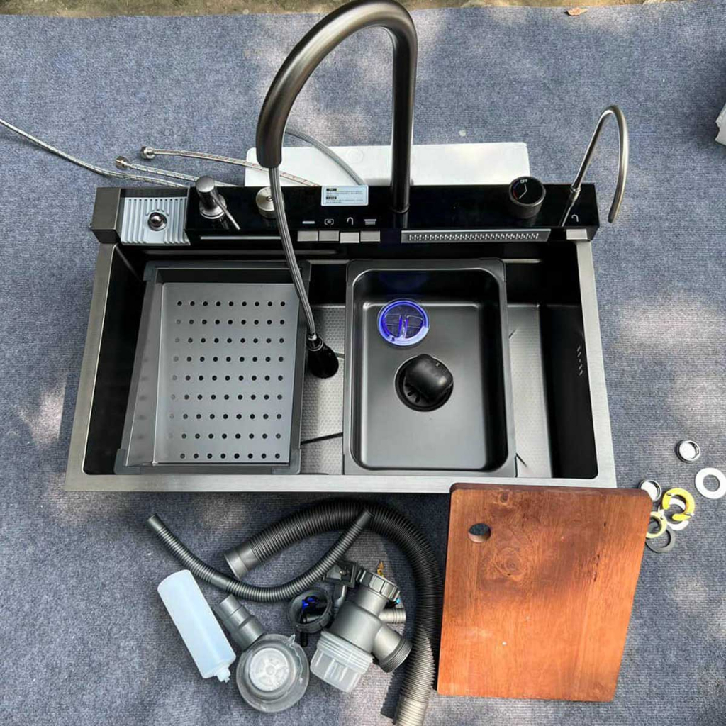 Chậu Rửa Bát 1 Hố Hiển Thị Nhiệt Hato, Bồn Rửa Bát 1 Ngăn Lớn Phủ Nano Kèm Vòi Thác Vòi Nước Lọc Và Rửa Ly