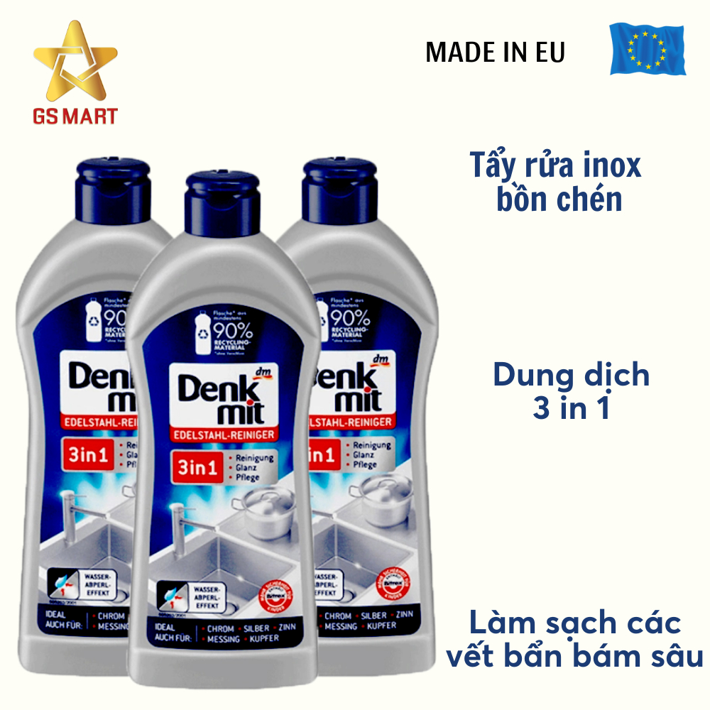 Dung dịch vệ sinh tẩy rửa inox, bồn rửa chén bát, tẩy dầu mỡ trên bếp DENKMIT 3 IN 1 Hàng nhập khẩu Đức, chai 300ml