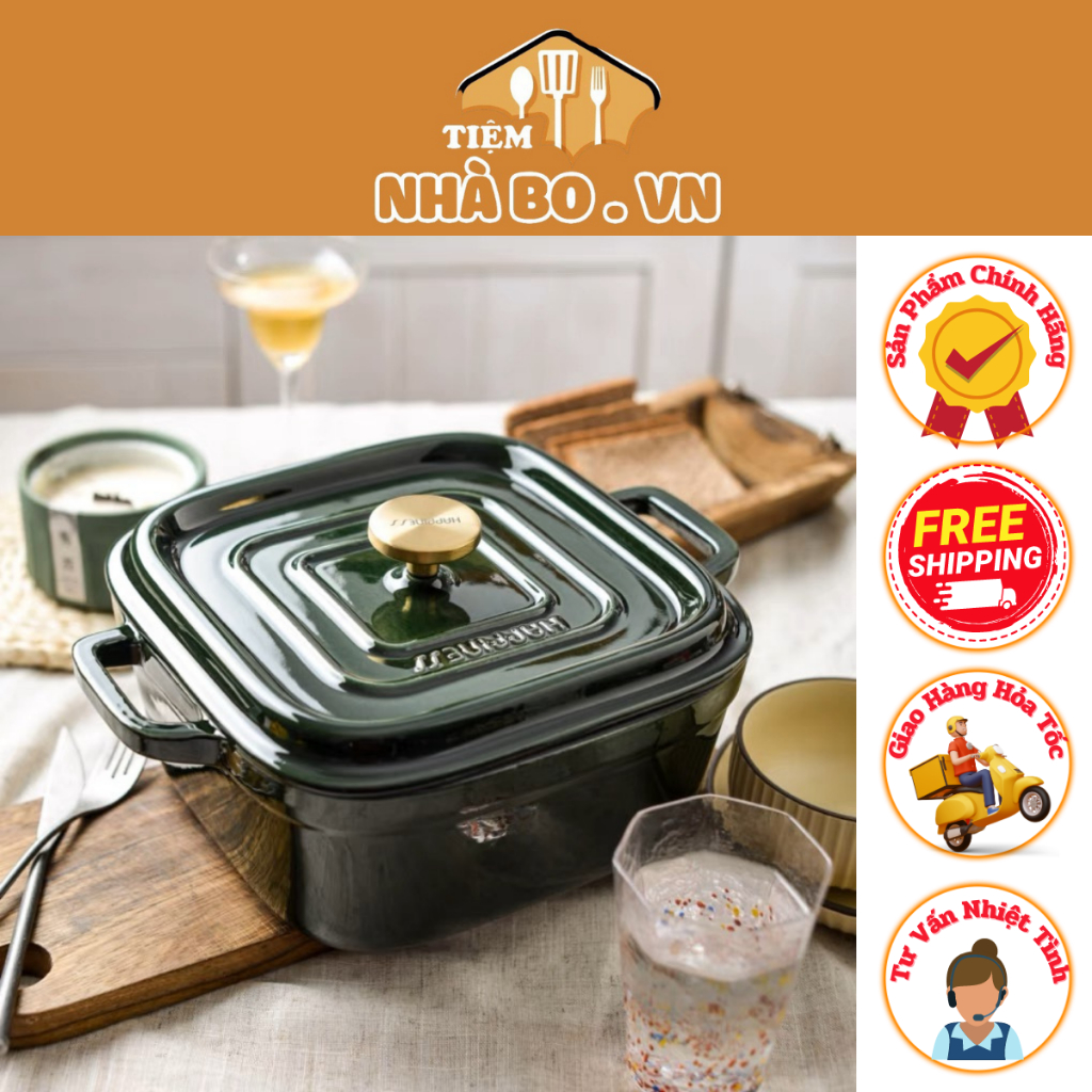 (Size 24cm)Nồi gang tráng men Happiness size 24cm dáng vuông