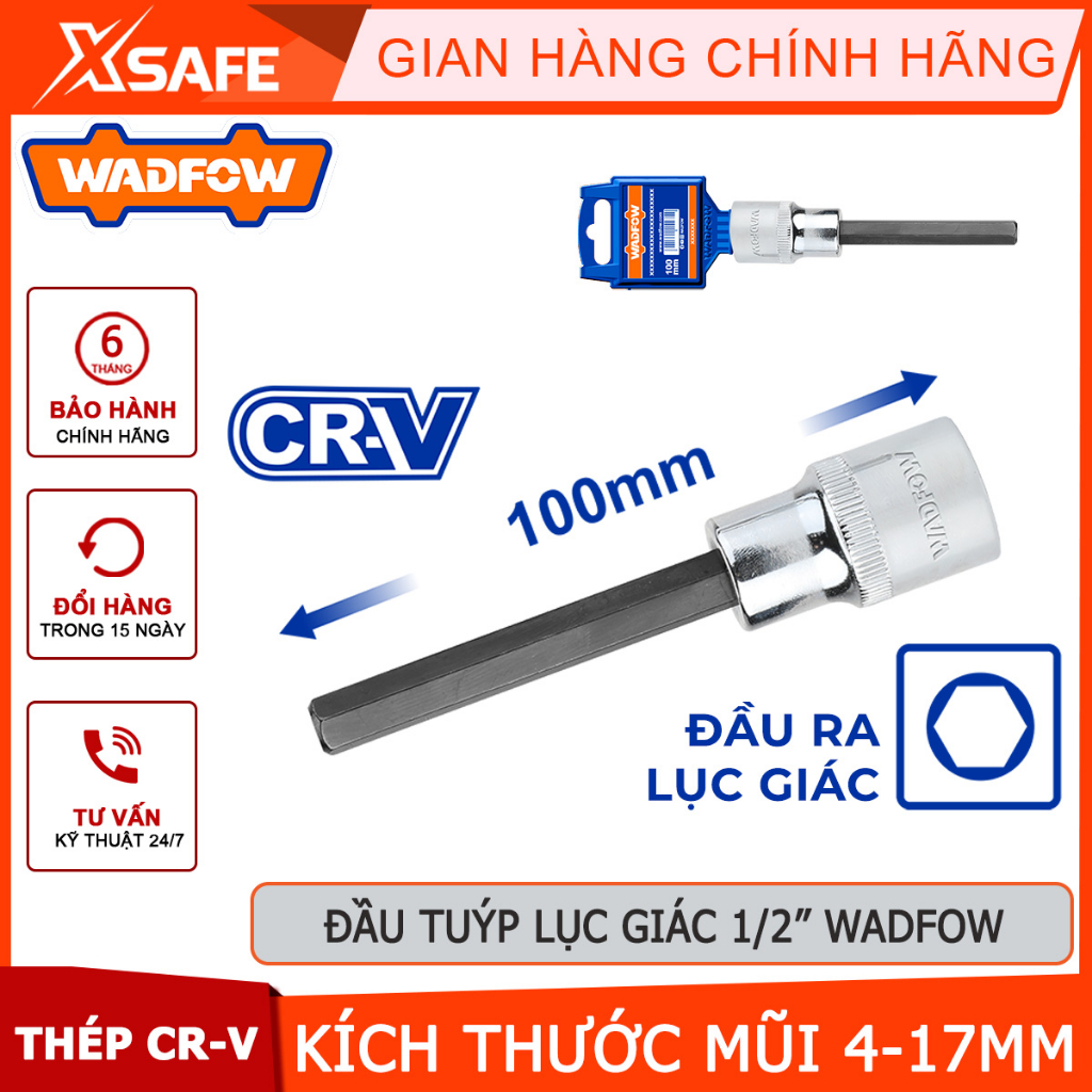 Đầu tuýp 1/2" ra đầu vít lục giác dài WADFOW kích thước mũi 4-17mm, chiều dài 100mm, chất liệu thép CR-V không gỉ