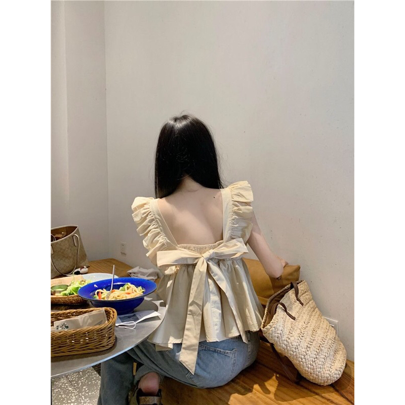 Áo Croptop Nữ Hai Dây Nơ Sau Lưng Dáng Babydoll Phong Cách Hàn Quốc Mã QD106