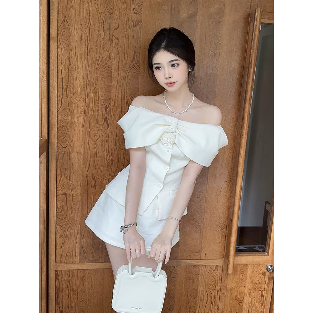 SET Áo sơ mi tiểu thư trễ vai kèm tag hoa cài siêu cấp