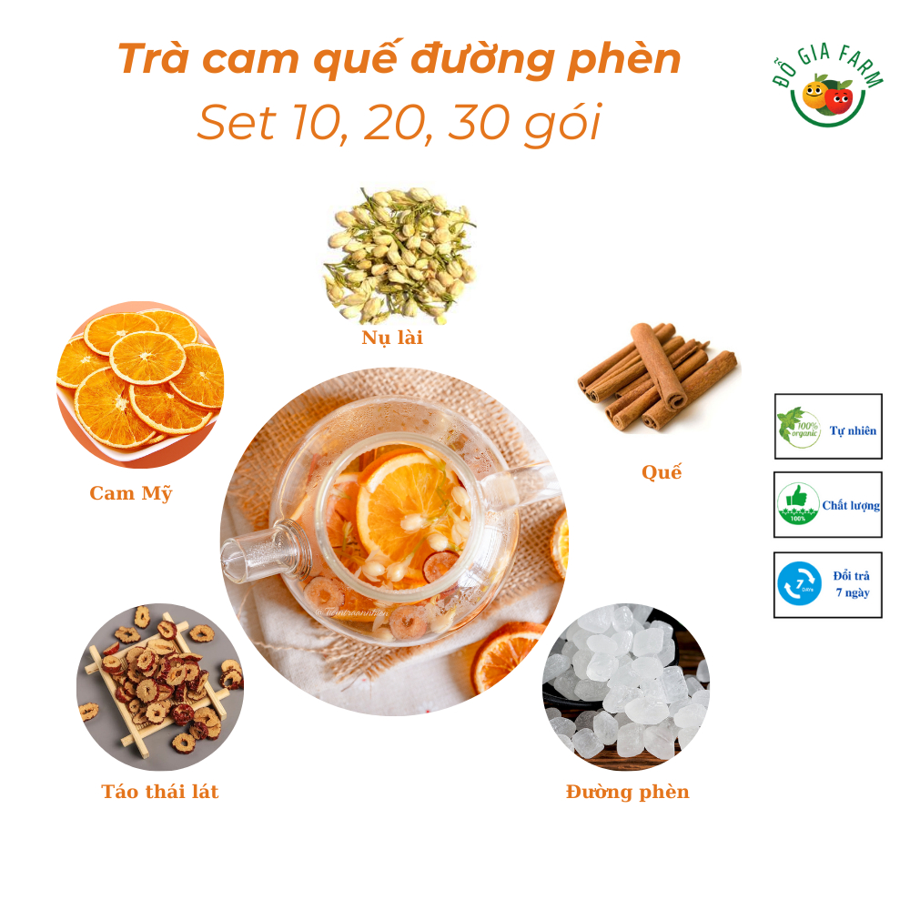 Trà cam quế đường phèn (cam, quế, lài, đường phèn, táo đỏ thái lát) thanh lọc cơ thể - hộp 10, 20, 30 gói