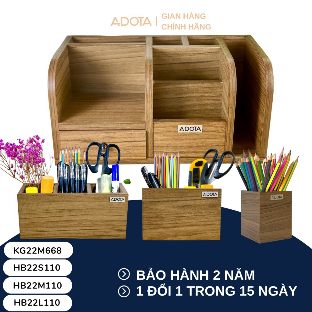 Combo 4 sản phẩm: kệ gỗ để bàn cao cấp, hộp cắm bút đơn, hộp cắm bút đôi, hộp cắm hộp cắm bút 3 ngăn ADOTA