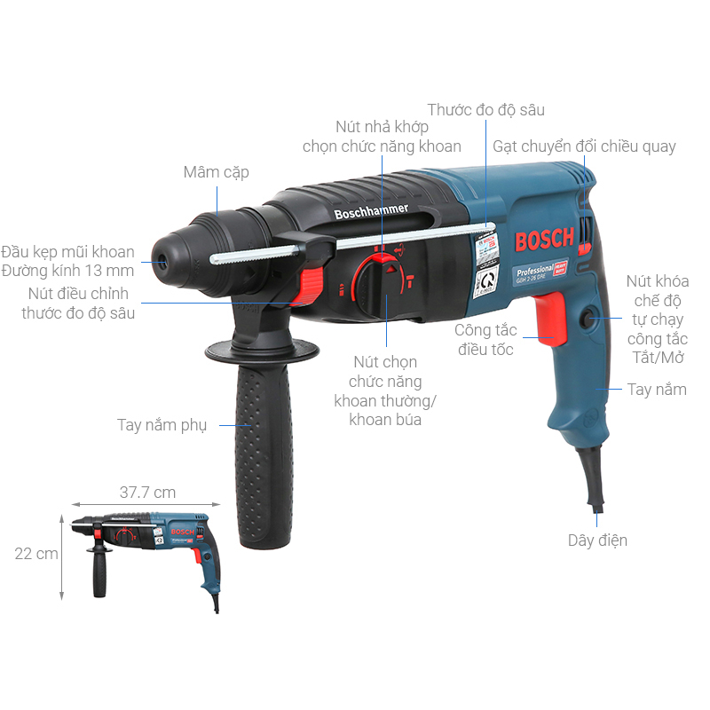 Máy Khoan Bê Tông Điện 800W Bosch / GBH 2-26 DRE / Bảo Hành Chính Hãng 12 Tháng