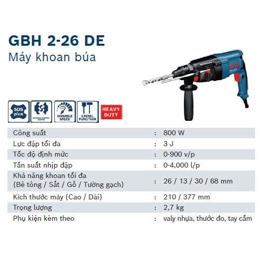 Máy Khoan Bê Tông Điện 800W Bosch / GBH 2-26 DRE / Bảo Hành Chính Hãng 12 Tháng