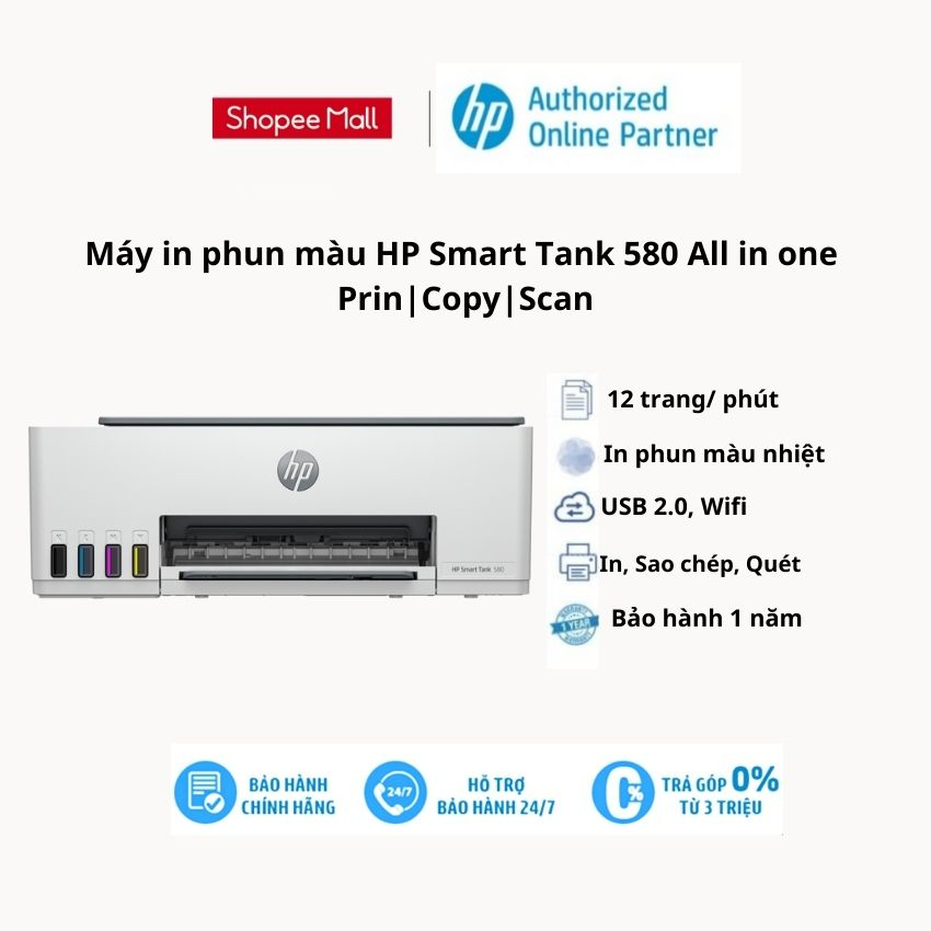 Máy in phun màu HP Smart Tank 580 All In One ( 1F3Y2A ) Print | Copy | Scan. Hàng chính hãng.