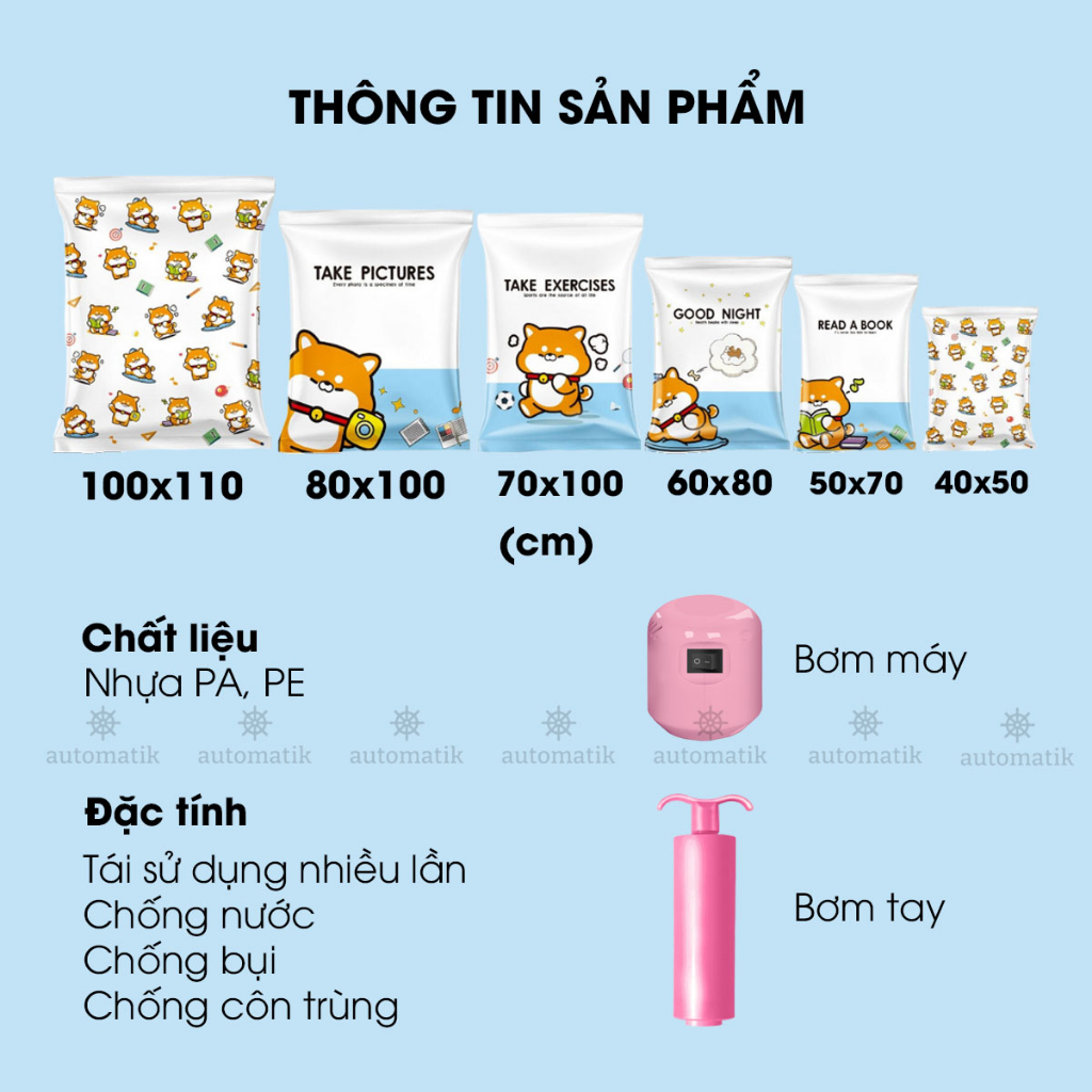 Túi Hút Chân Không Đựng Quần Áo Chăn Màn, Bịch Hút Chân Không Du Lịch Bơm Điện Van 1 Chiều Chống Nấm Mốc - Automatik