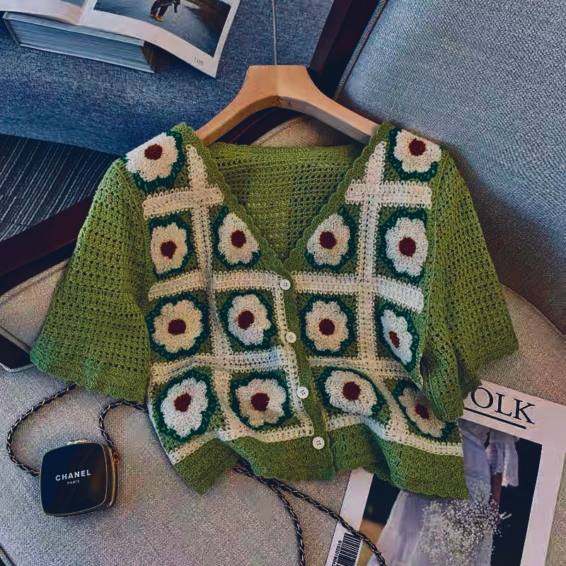 Áo PoLo Croptop, Áo Len Móc Họa Tiết Thổ Cẩm Hàng Quảng Châu Loại 1