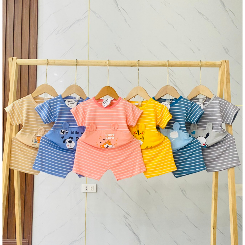 Bộ Cộc Tay MinKy Mom Quần Áo Kẻ Đáp Bụng In Hình Thú Quần Áo Kẻ Cho Bé (M2)