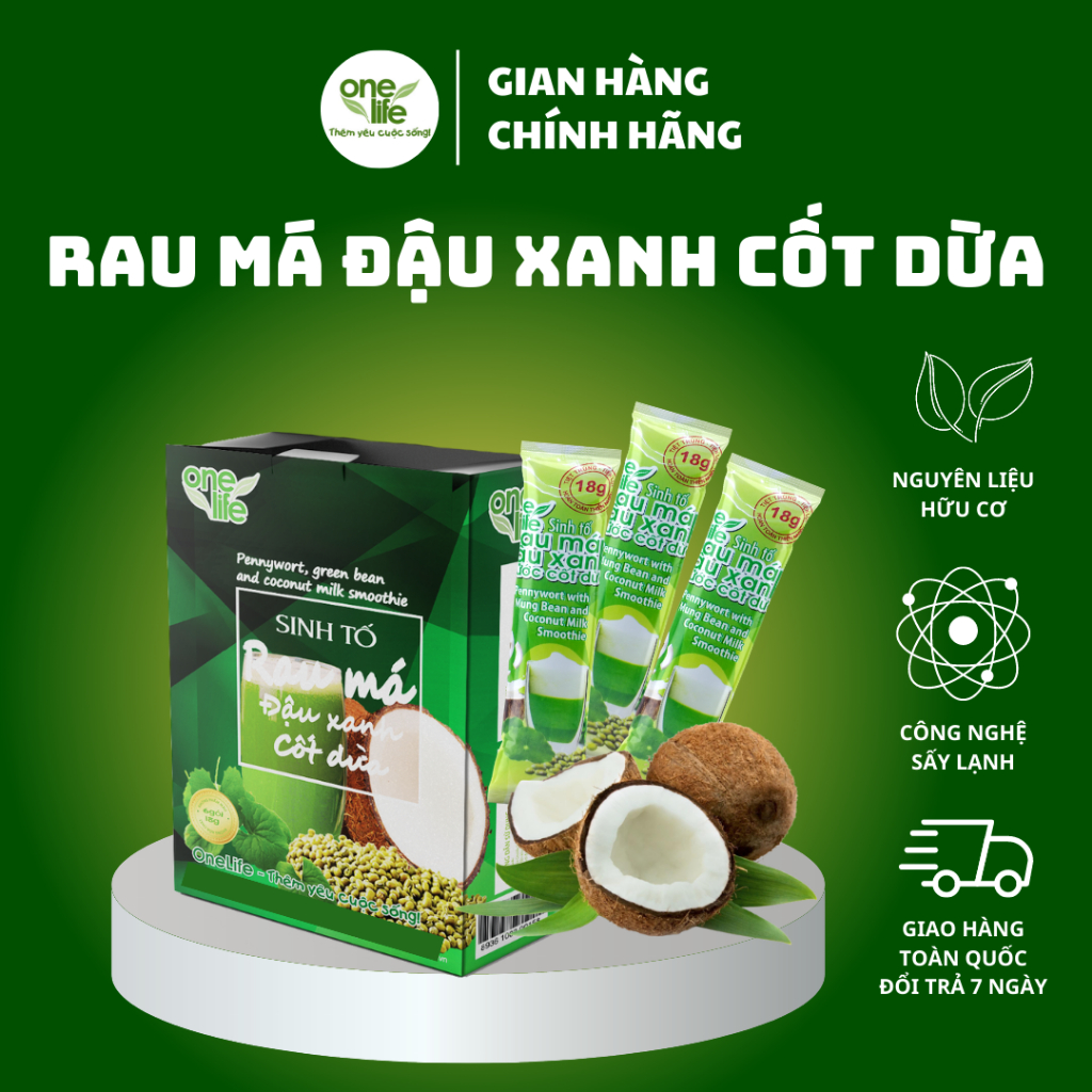 Hộp 6 gói Bột Rau Má Đậu Xanh Cốt Dừa ONELIFE hòa tan thanh mát, giải nhiệt