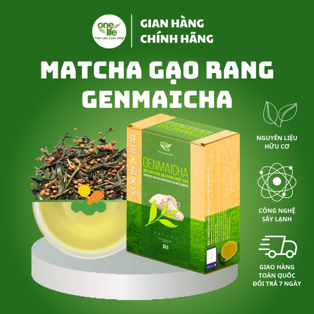 Hộp 50gr Bột Matcha Gạo Rang Genmaicha ONELIFE nguyên chất, giảm cân, không đường