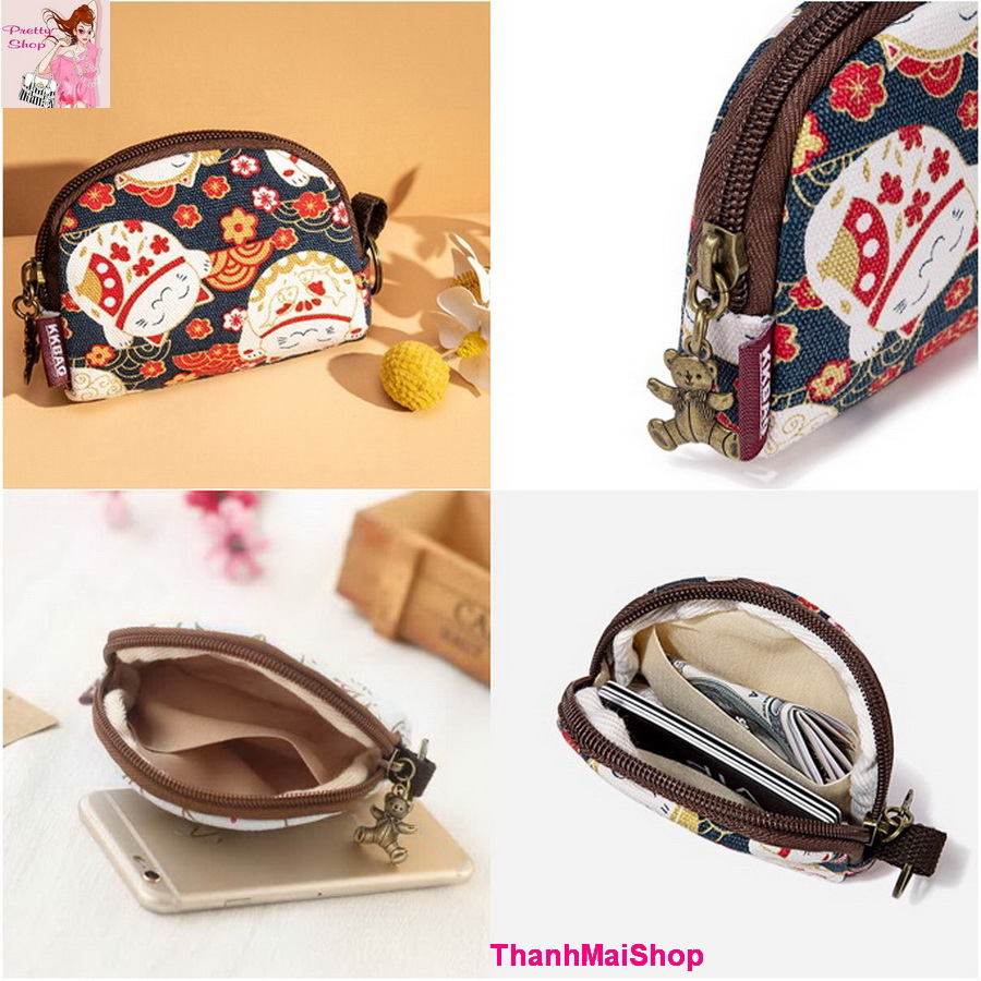 Ví móc khoá vải canvas họa tiết hoa cỏ, hoạt hình ngộ nghĩnh, đáng yêu VI002 phong cách Nhật Bản