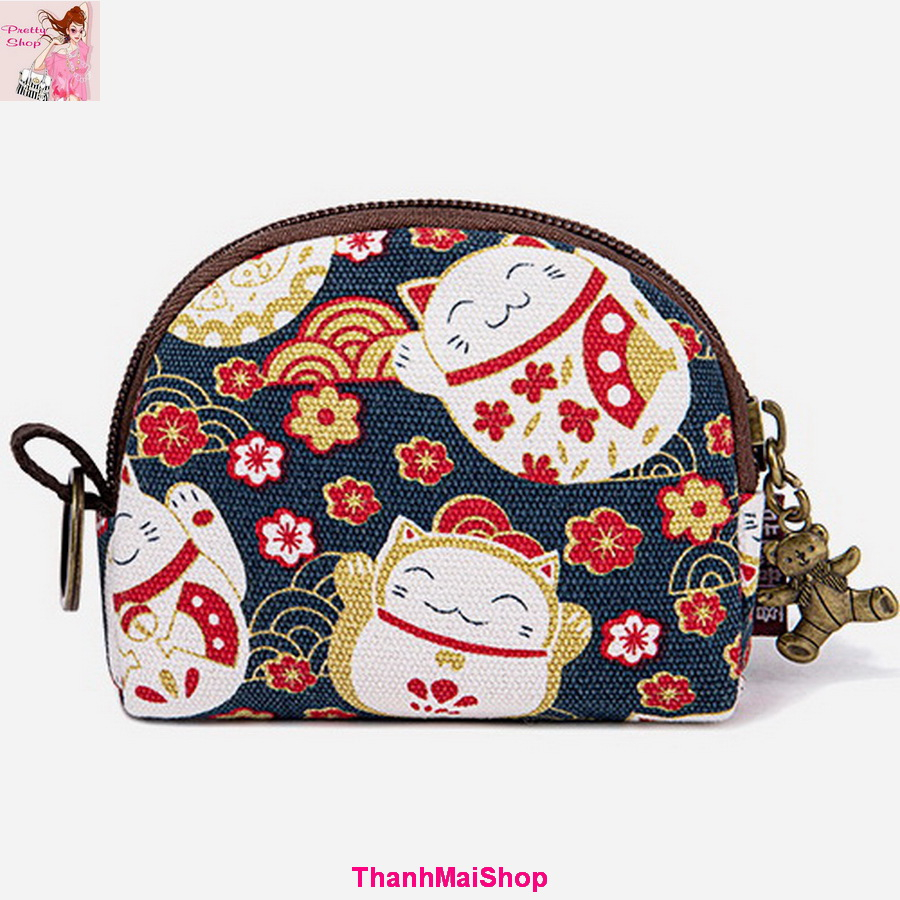 Ví móc khoá vải canvas họa tiết hoa cỏ, hoạt hình ngộ nghĩnh, đáng yêu VI002 phong cách Nhật Bản
