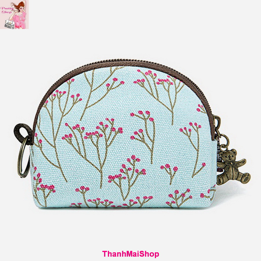 Ví móc khoá vải canvas họa tiết hoa cỏ, hoạt hình ngộ nghĩnh, đáng yêu VI002 phong cách Nhật Bản
