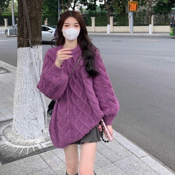 Áo len vặn thừng cổ tròn- áo len thừng 3 màu hit hot freesize siêu dày -H203