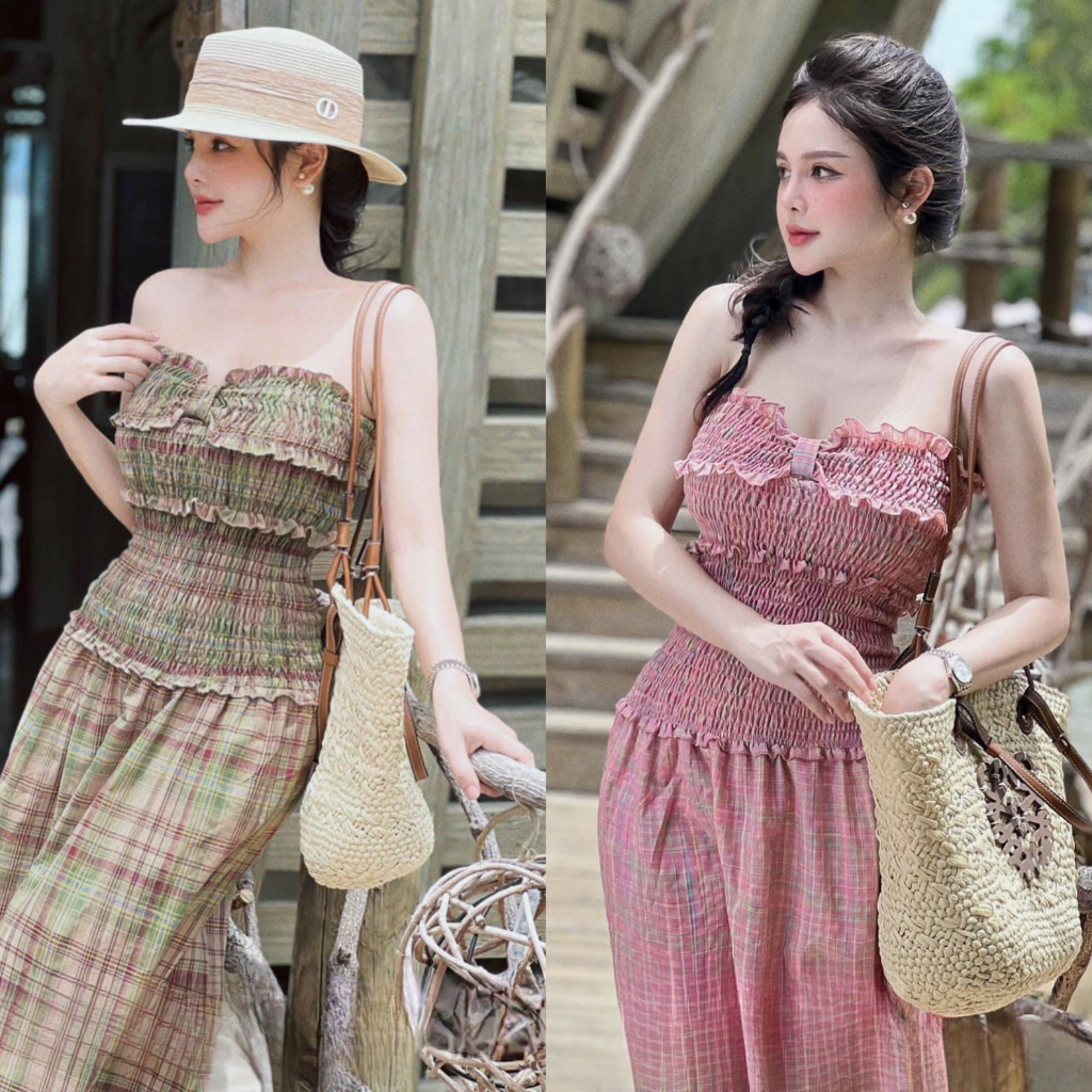 Đầm cúp nơ bo chun kẻ caro đi biển sang chảnh Đầm caro midi Bigsize Kim Ngân từ 50 kg đến 100kg M/L/XL/XXL Đầm maxi caro