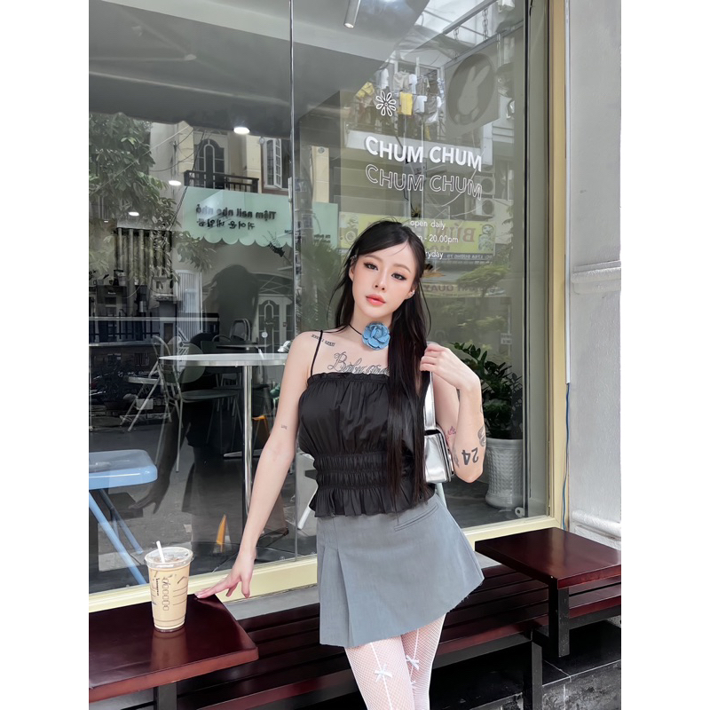 ÂME.STUDIO | Áo hai dây thắt nơ satin lụa đen - Monica Top