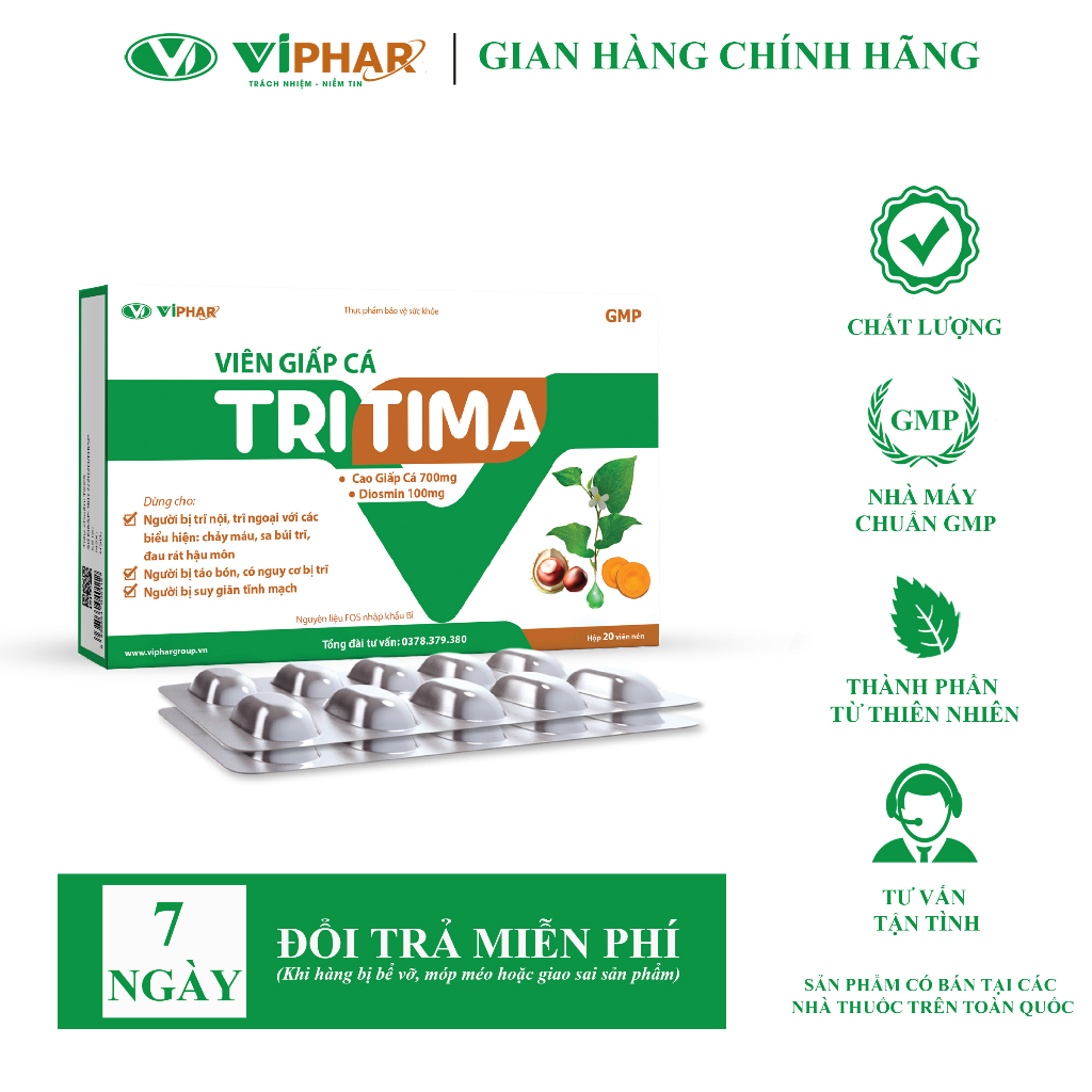 Viên Uống Trĩ Giảm Các Triệu Chứng Chảy Máu, Sa Búi Trĩ, Sưng, Nóng, Ngứa, Rát Hậu Môn TRITIMA VIPHAR Hộp 30 Viên