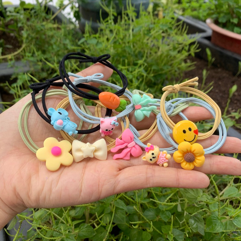 Set 5 Dây Buộc Tóc Co Giãn Siêu Chắc Hình Gấu / Dâu Tây Dễ Thương