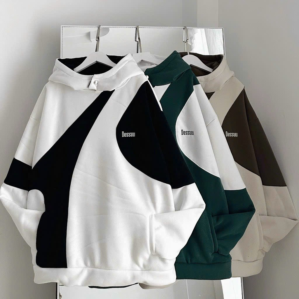 Áo khoác hoodie Nam Nữ phối thân nón 2 lớp có cúc bấm logo thêu Desu xịn sò cá tính