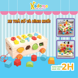 Đồ chơi thả hình khối, xe kéo thả số bằng gỗ cho bé làm quen hình khối, con số và màu sắc - kodomo