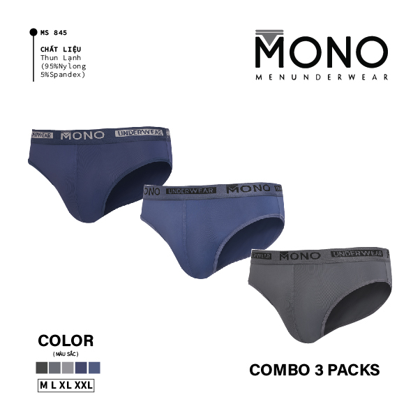 Quần Lót Nam MONOMEN 845 Cao Cấp, Hộp 3 Quần Chất Thun Cotton Lạnh 4 Chiều Mát Mẻ, Co Giãn Tốt, Ôm Sát, Thấm Hút Mồ Hôi
