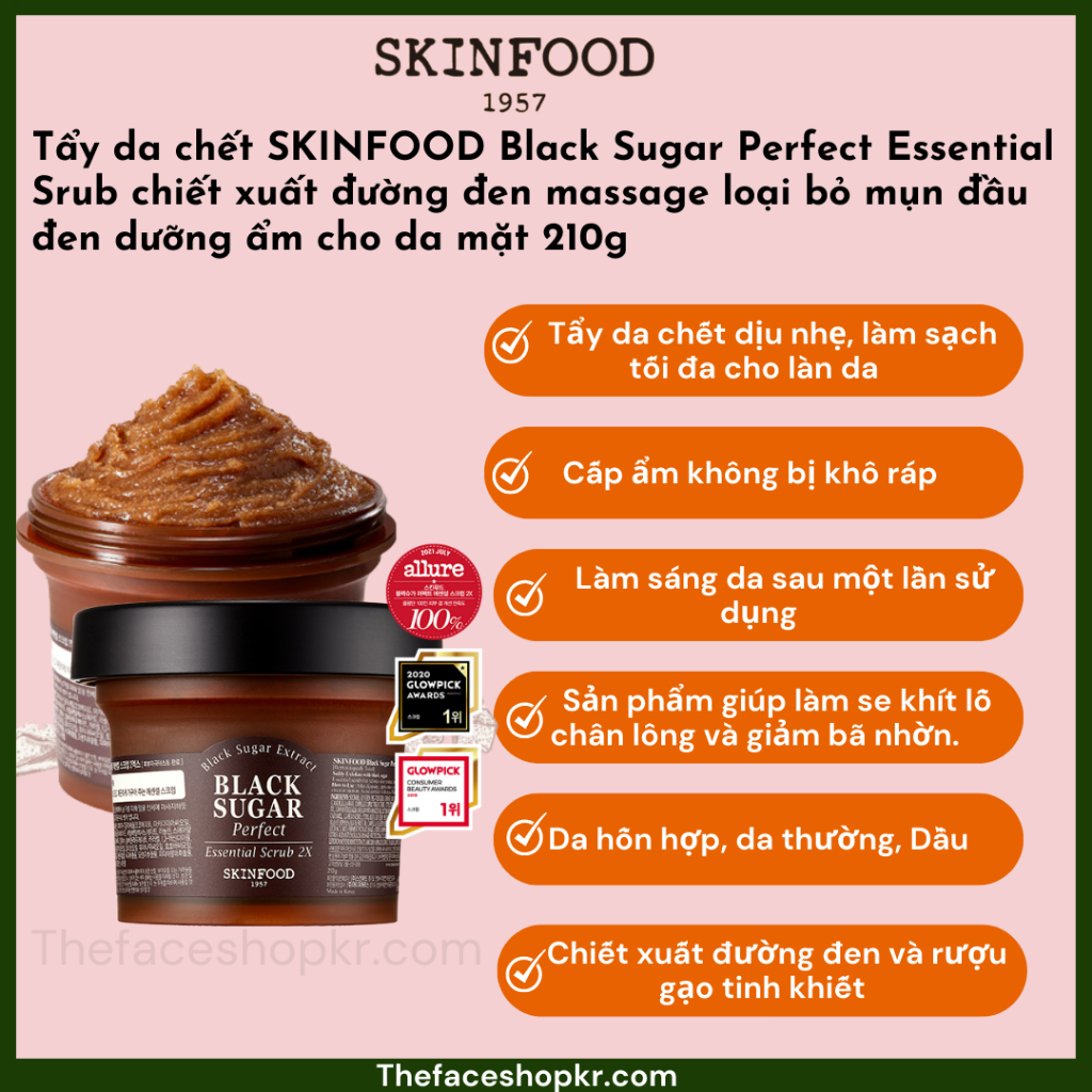 Tẩy tế bào chết đường đen chăm sóc làn da và massage chuyên sâu Skinfood BLACK SUGAR PERFECT ESSENTIAL SCRUB 2X (210g)
