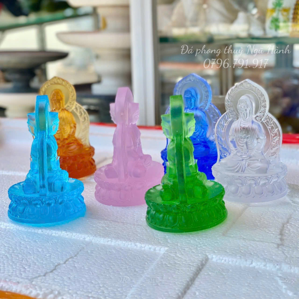 Tượng quan âm đài sen đá lưu ly cao cấp, quan âm 2 mặt trang trí taplo ô tô - cao 12cm