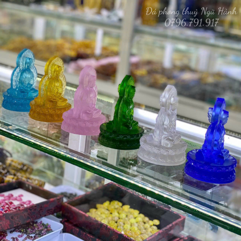 Tượng quan âm đài sen đá lưu ly cao cấp, quan âm 2 mặt trang trí taplo ô tô - cao 12cm