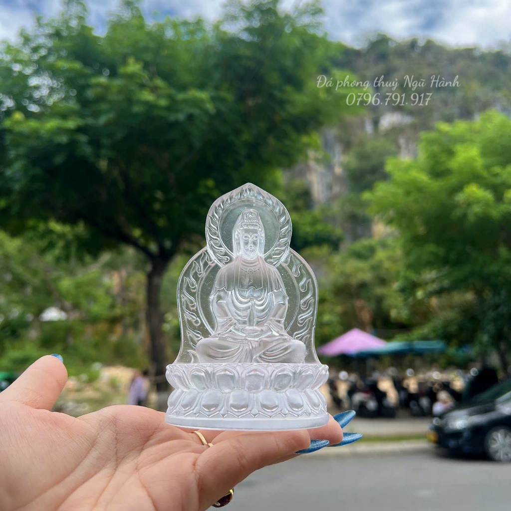 Tượng quan âm đài sen đá lưu ly cao cấp, quan âm 2 mặt trang trí taplo ô tô - cao 12cm
