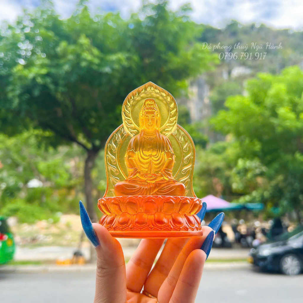 Tượng quan âm đài sen đá lưu ly cao cấp, quan âm 2 mặt trang trí taplo ô tô - cao 12cm