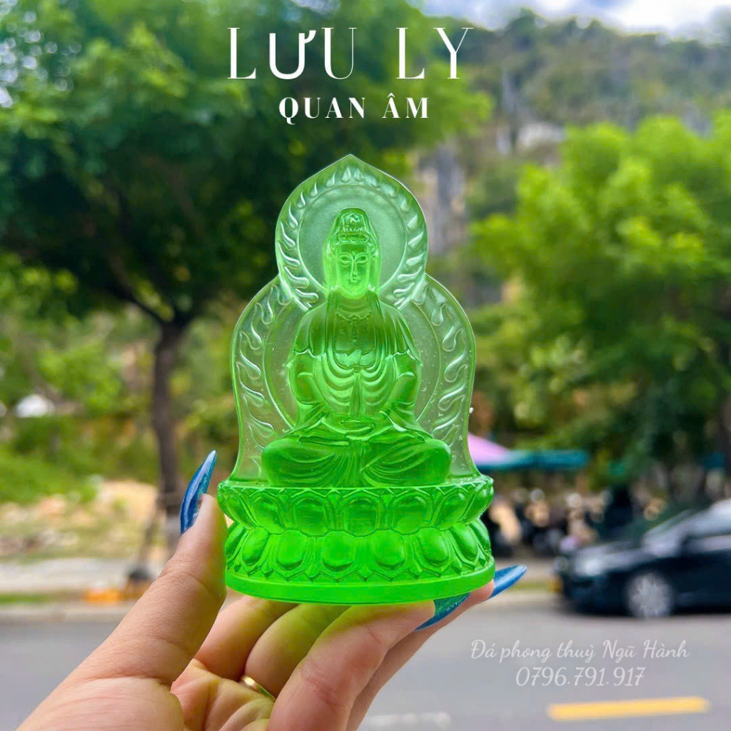 Tượng quan âm đài sen đá lưu ly cao cấp, quan âm 2 mặt trang trí taplo ô tô - cao 12cm
