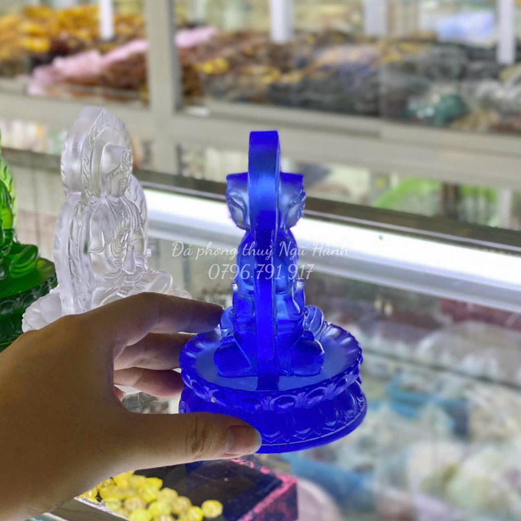 Tượng quan âm đài sen đá lưu ly cao cấp, quan âm 2 mặt trang trí taplo ô tô - cao 12cm