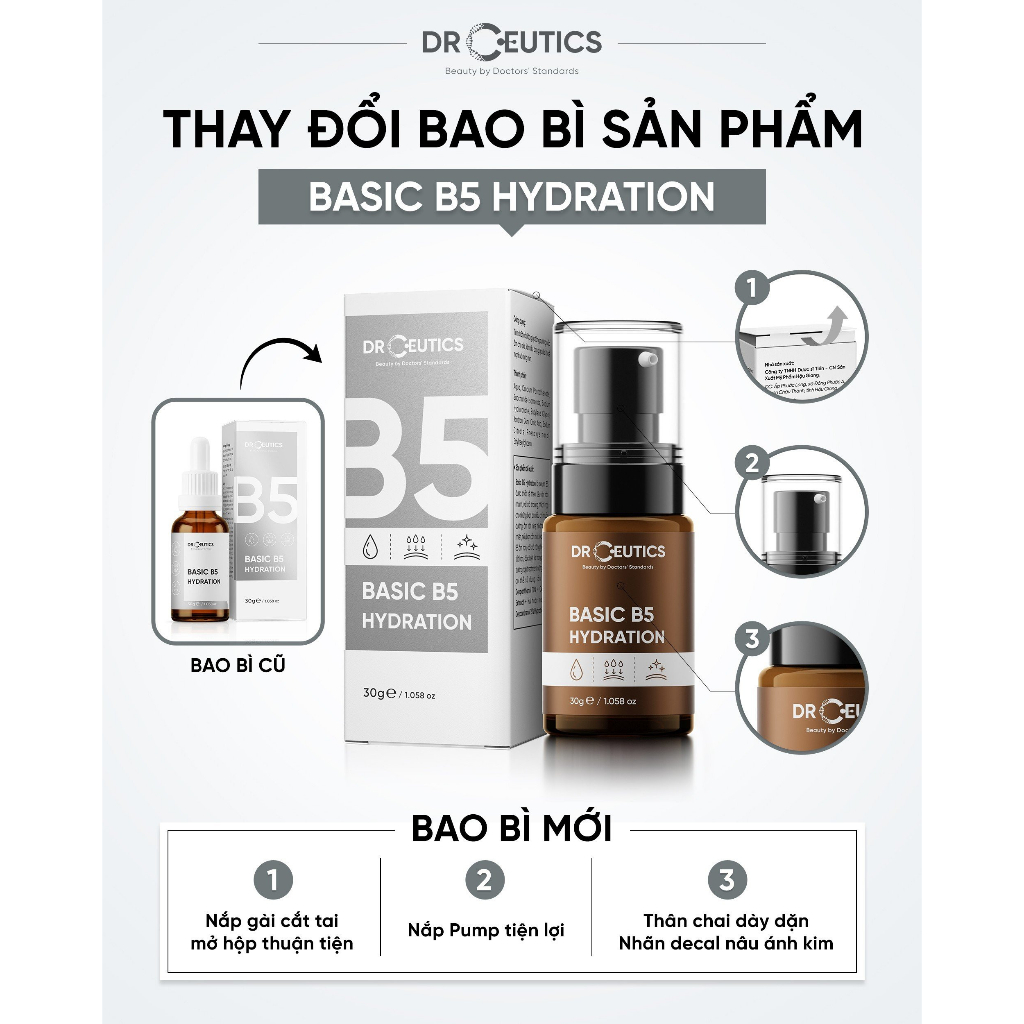 DRCEUTICS Tinh Chất B5 Basic Hydration 5% DrCeutics Cho Da Dầu Mụn (30ml)